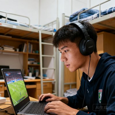 一位大学生模样的年轻男性球迷王同学，戴着耳机在宿舍使用笔记本电脑观看斗球直播的头像照片